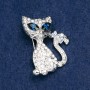 Cat Brooch with White and Blue Rhinestones, Silver-Tone Metal, 37×26mm