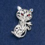 Cat Brooch with White, Pink and Red Rhinestones, Silver-Tone Metal, 40×25mm