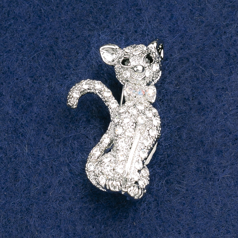 Cat Brooch with White and Pink Rhinestones, Silver-Tone Metal, 37×21mm