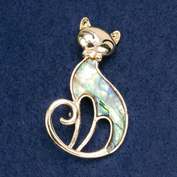 Brooch Cat Chalcedony, golden metal 33x14mm