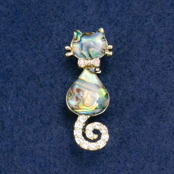 Brooch Cat Chalcedony with White Crystals, Gold-Tone Metal 38×15mm