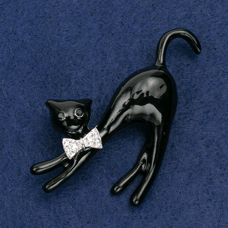 Kitten Brooch, black acrylic with white rhinestones, silver-tone metal 66x41mm