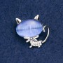 Kitten Brooch, blue cat's-eye stone with white rhinestones, silver-tone metal 24x23mm