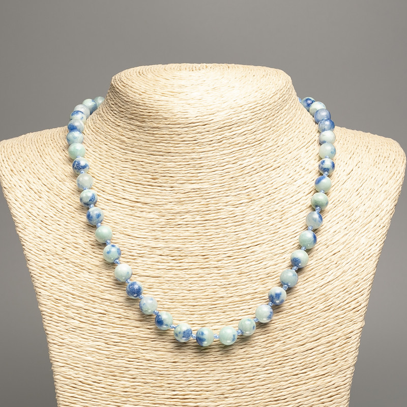 Necklace "Colours of Summer" azure-blue smooth bead, diameter 8mm+-, length 50cm+- made of white jade (synth. dyed)