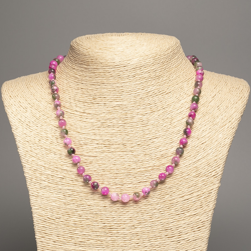 Necklace "Colours of Summer" white-green-raspberry smooth bead, diameter 6mm+-, length 50cm+- made of white jade (synth. dyed)