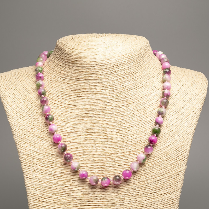Necklace "Colours of Summer" white-green-raspberry smooth bead, diameter 8mm+/-, length 50cm+/- made of white jade stone (synthetic dyed)