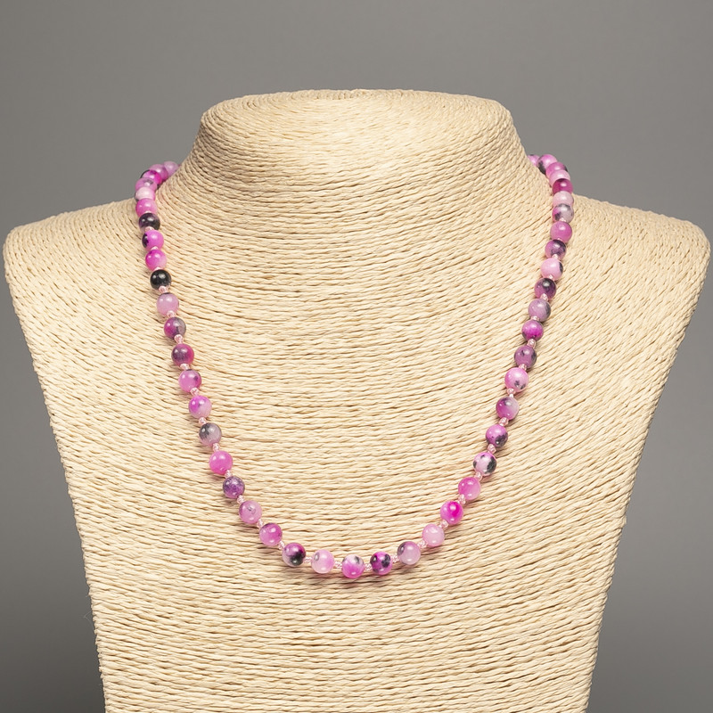 Necklace "Colours of Summer" white-grey-raspberry smooth bead, diameter 6mm+/-, length 50cm+/- made of white jade stone (synthetic dyed)