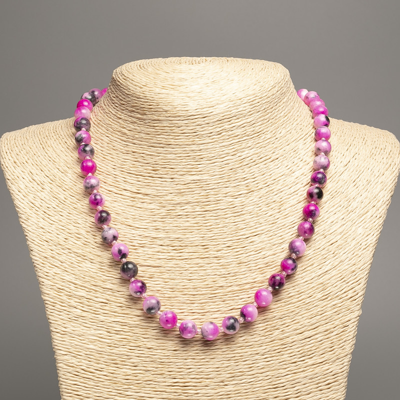 Necklace "Colours of Summer" white-grey-raspberry smooth bead, diameter 8mm+/-, length 50cm+/- made of white jade stone (synthetic dyed)