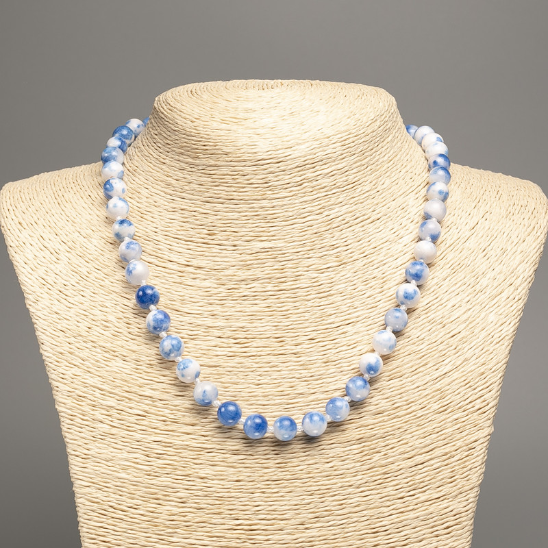 Necklace "Summer Colours" white-blue smooth bead, diameter 8mm +/-, length 50cm +/- made from white jade stone (synth. dyed)