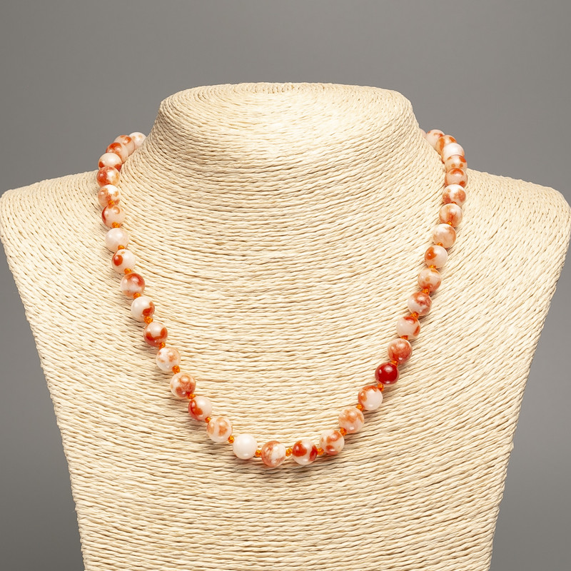 "Summer Colours" Necklace, white-rust smooth bead, diameter 8mm+/-, length 50cm+/- made of white jade stone (synth. dyed)