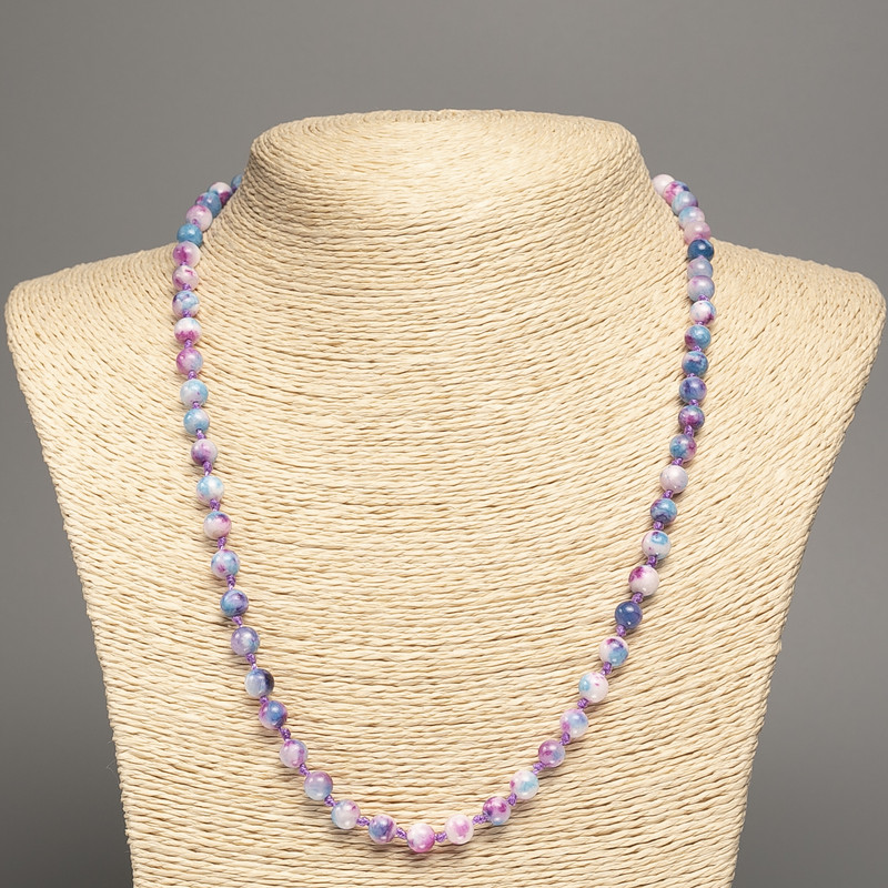 "Summer Colours" Necklace, white-raspberry-blue smooth bead, diameter 6mm+/-, length 50cm+/- made of white jade stone (synth. dyed)
