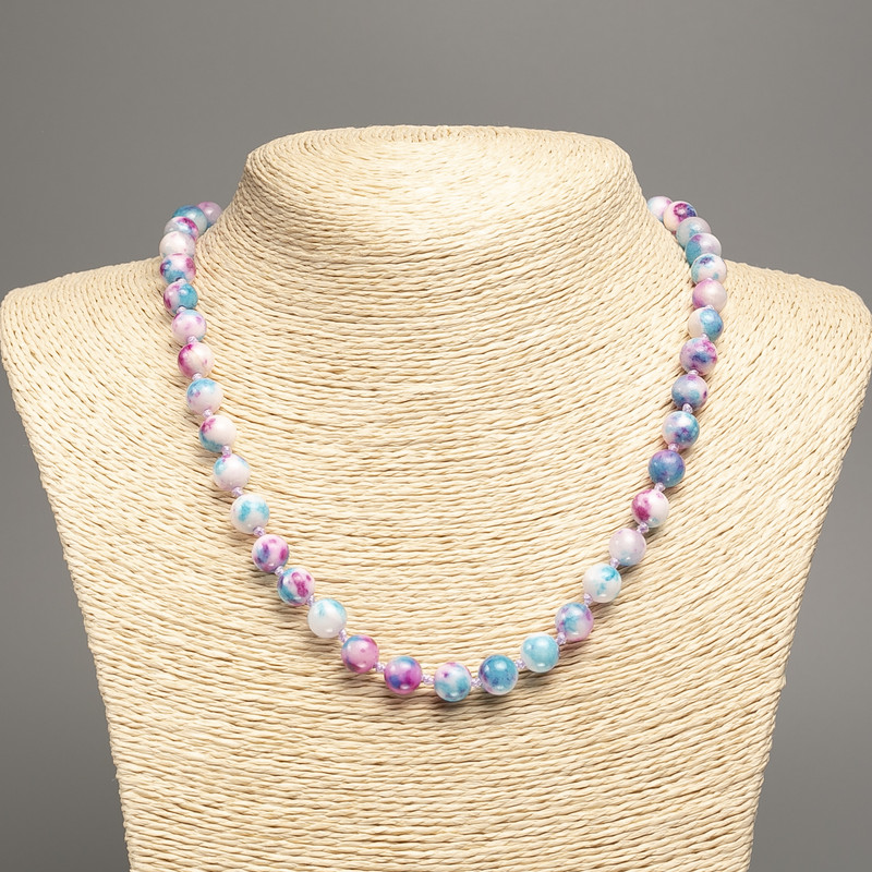 "Summer Colours" Necklace, white-raspberry-blue smooth bead, diameter 8mm+/-, length 50cm+/- made of white jade stone (synth. dyed)