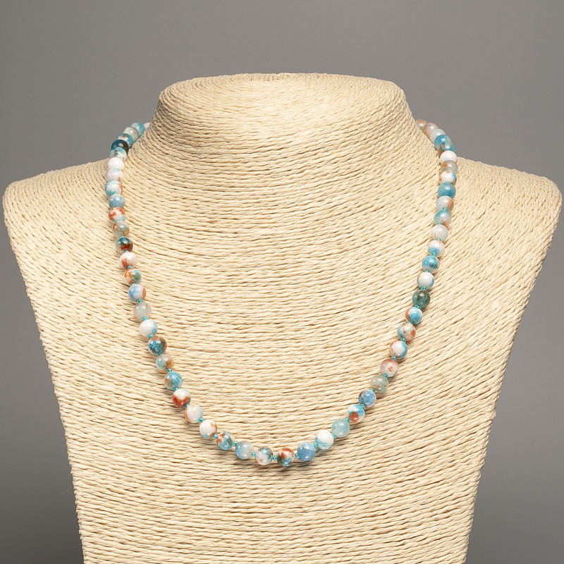"Summer Colours" Necklace, white-rust-blue smooth bead, diameter 6mm+/-, length 50cm+/- made of white jade stone (synth. dyed)