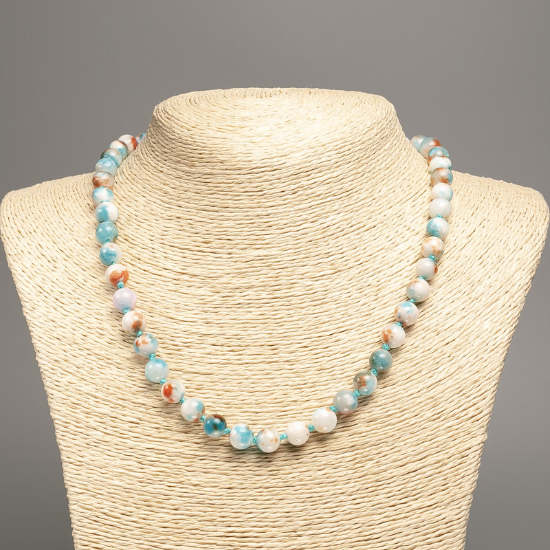"Summer Colours" Necklace, white-rust-blue smooth bead, diameter 8mm+/-, length 50cm+/- made of white jade stone (synth. dyed)