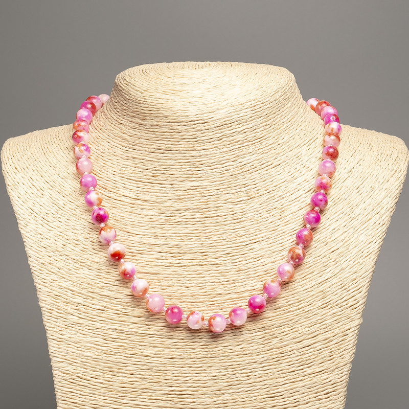 "Summer Colours" Necklace, white-yellow-raspberry smooth bead, diameter 8mm+/-, length 50cm+/- made of white jade stone (synth. dyed)