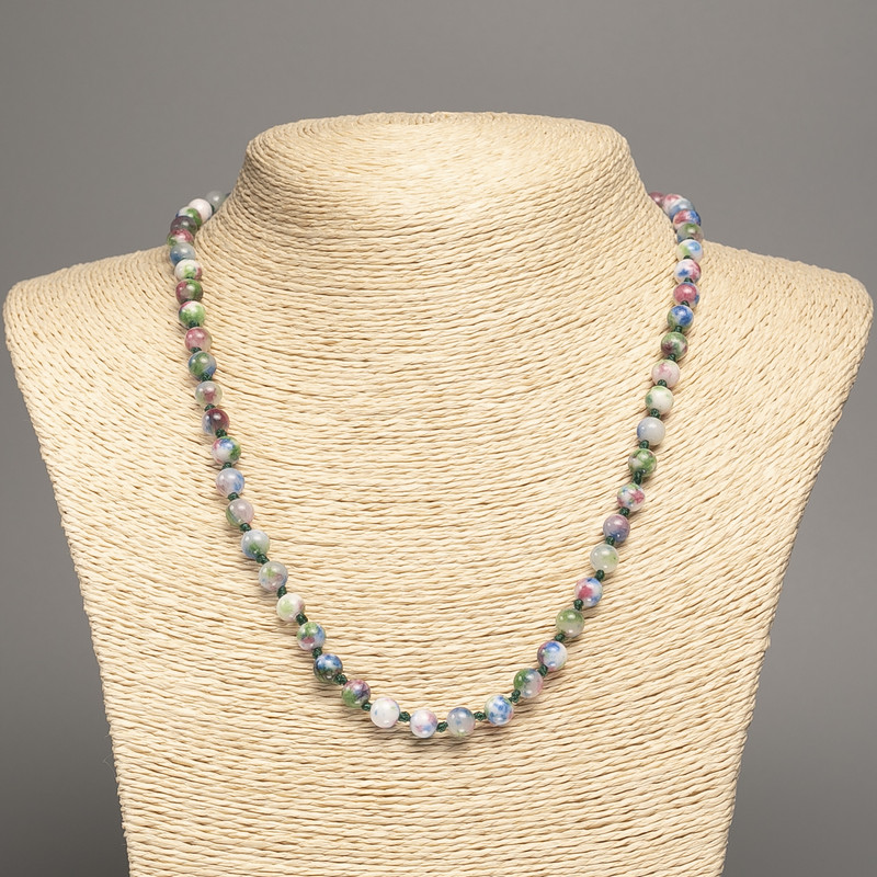 Necklace "Summer Colours" white-blue-pink-green smooth bead, diameter 6mm+/-, length 50cm+/- made from white jade stone (synthetic dyed)
