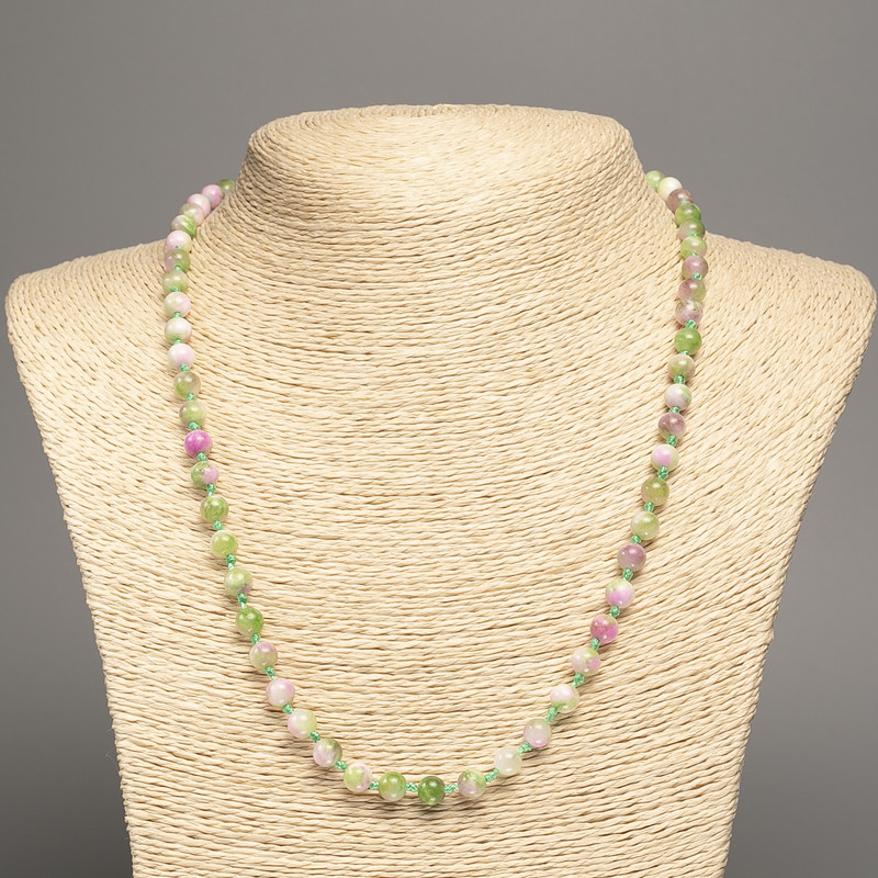 Necklace "Summer Colours" white-pink-green smooth bead, diameter 6mm+/-, length 50cm+/- made from white jade stone (synthetic dyed)