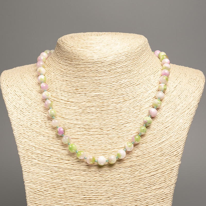 Necklace "Summer Colours" white-pink-green smooth bead, diameter 8mm+/-, length 50cm+/- made from white jade stone (synthetic dyed)