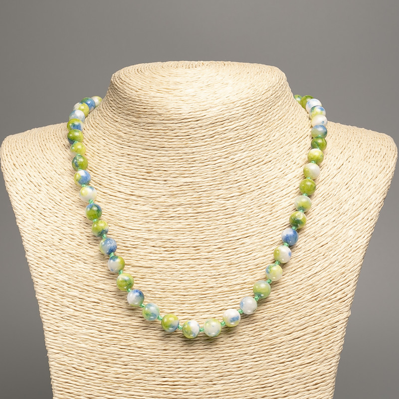 Necklace "Summer Colours" white-blue-green smooth bead, diameter 8mm+/-, length 50cm+/- made from white jade stone (synthetic dyed)