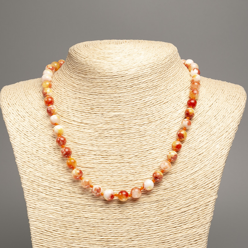 Necklace "Summer Colours" white-rust smooth bead, diameter 8mm+/-, length 50cm+/- made from white jade stone (synthetic dyed)