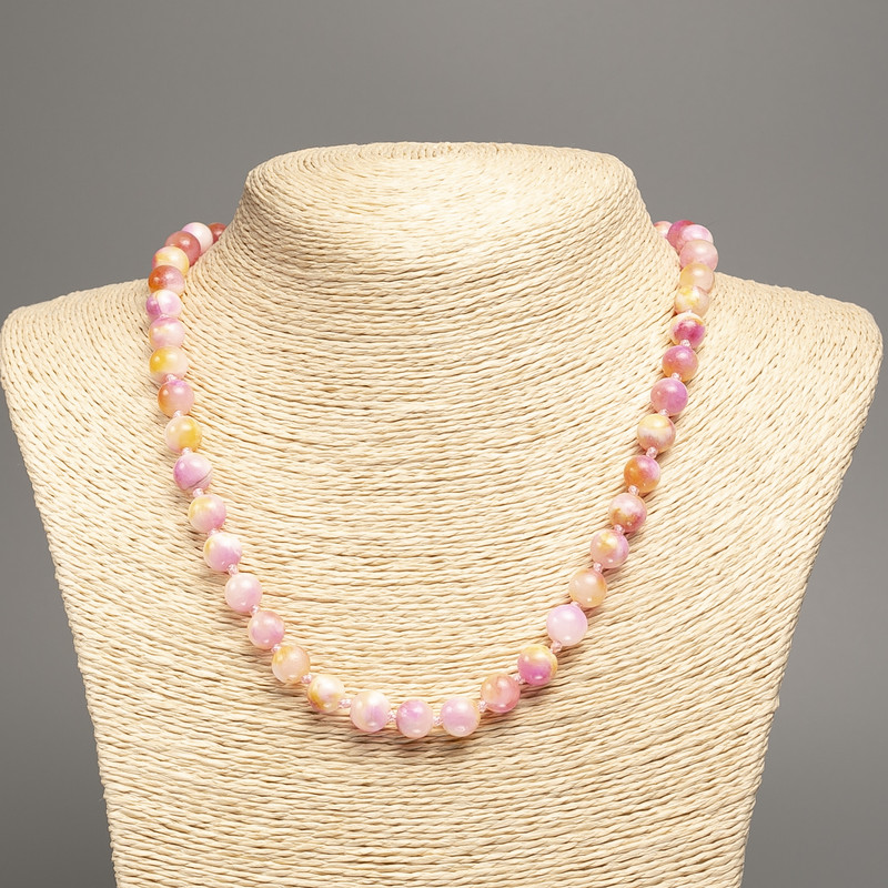 Necklace "Summer Colours" white-yellow-pink smooth bead, diameter 8mm+/-, length 50cm+/- made from white jade stone (synthetic dyed)