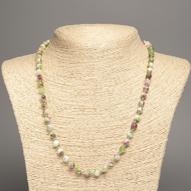 Necklace "Summer Colours" white-pink-green smooth bead, diameter 6mm+/-, length 50cm+/- made from white jade stone (synthetic dyed)