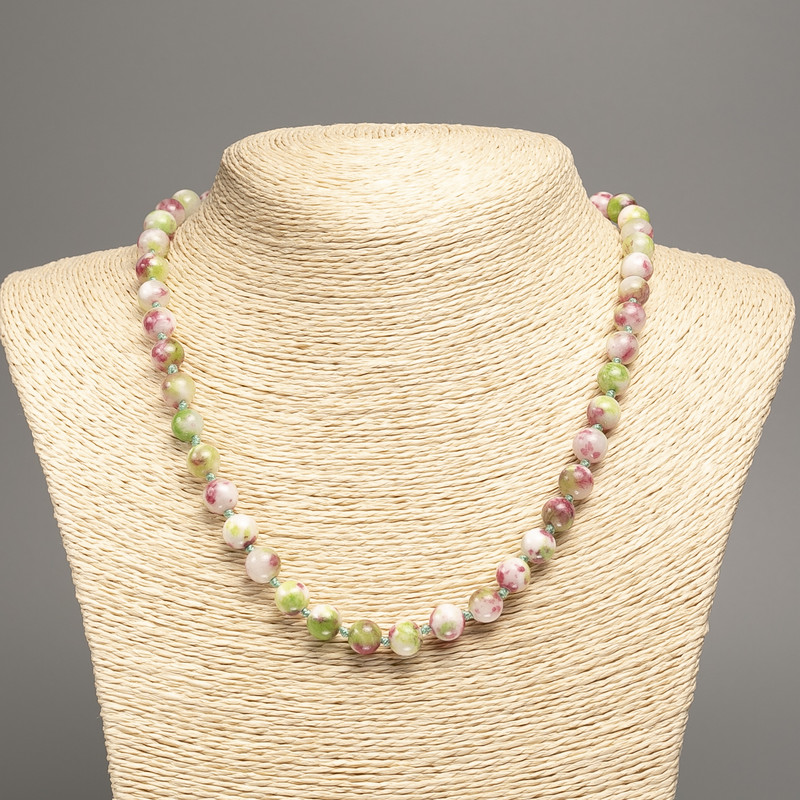Necklace "Colours of Summer" White-Pink-Green Smooth Beads, Diameter 8mm+/-, Length 50cm+/-, White Jade (Synthetic Dyed)