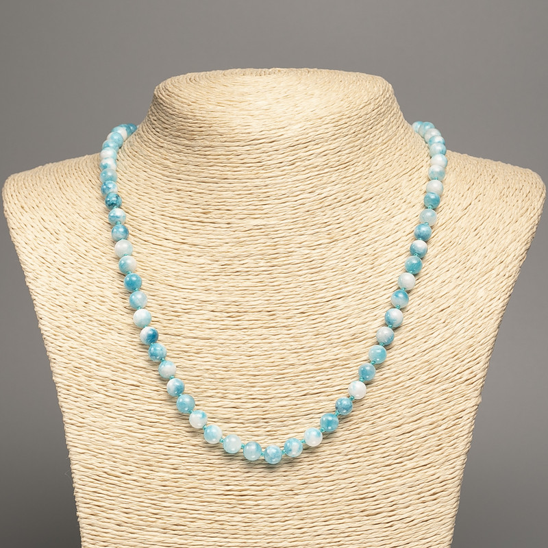 Necklace "Colours of Summer" White-Blue Smooth Beads, Diameter 6mm+/-, Length 50cm+/-, White Jade (Synthetic Dyed)