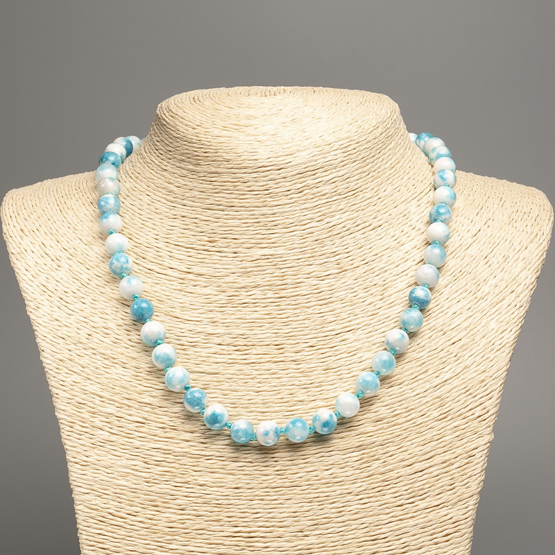 Necklace "Colours of Summer" White-Blue Smooth Beads, Diameter 8mm+/-, Length 50cm+/-, White Jade (Synthetic Dyed)