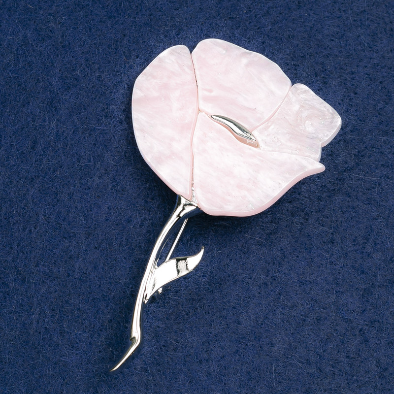 Flower Brooch, Pink Pearl with Glitter, Silver Metal, 70x46mm