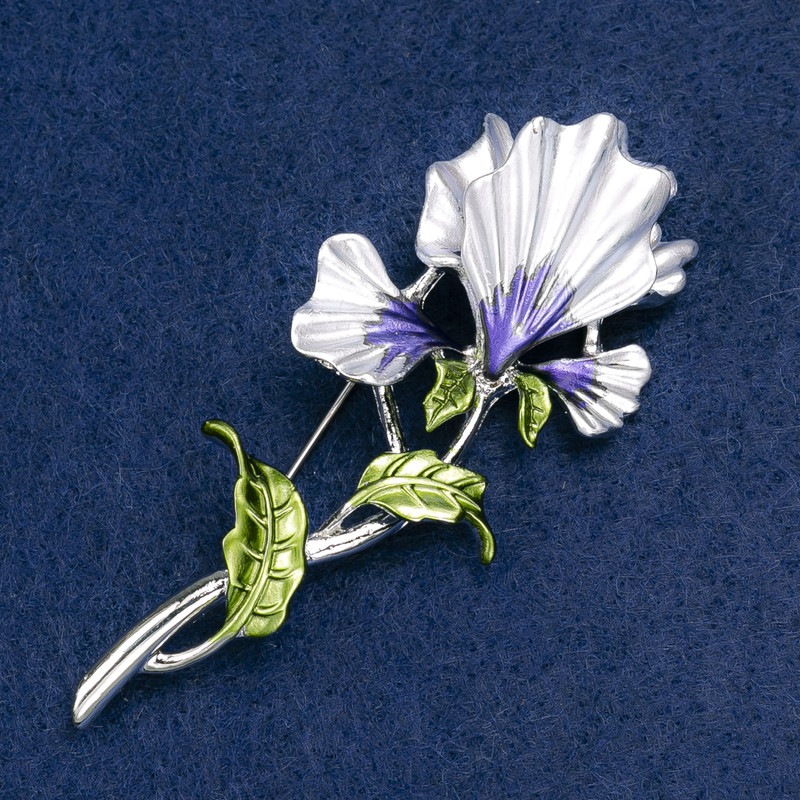 Brooch Iris purple and green enamel, silver-toned metal 78x34mm
