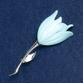 Brooch Flower, cyan enamel, silver metal 27x72mm