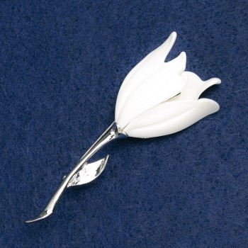 Brooch Flower, white enamel, silver metal 27x72mm