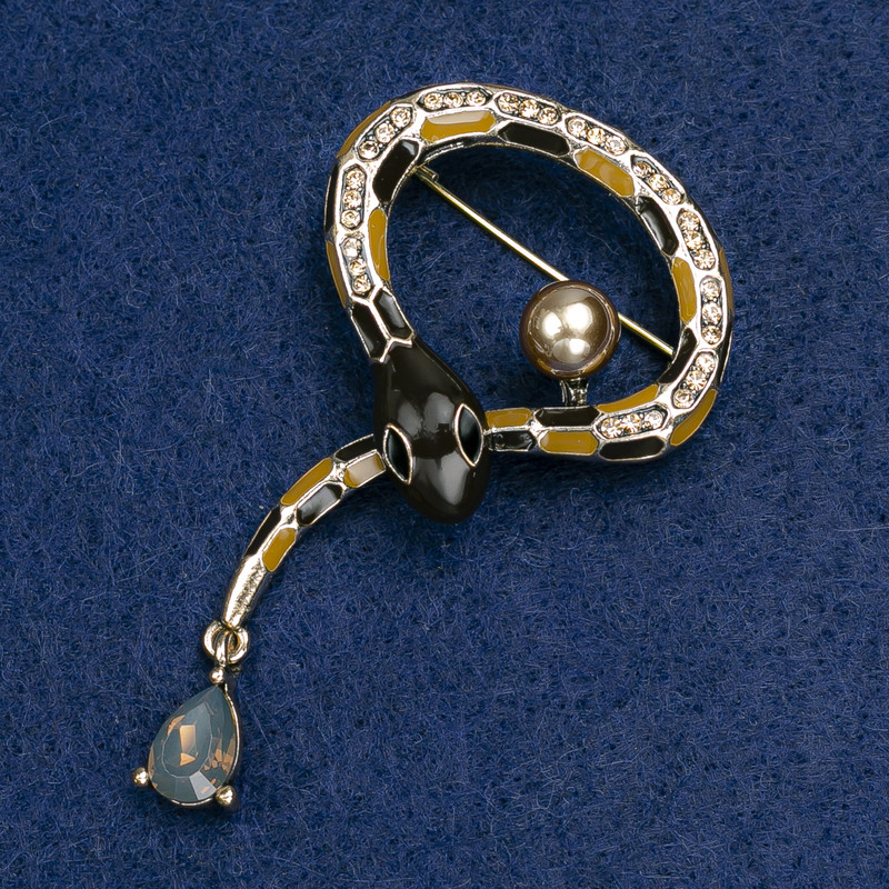 Brooch Snake black and brown enamel with crystal, bead and gold-coloured rhinestones, gold-coloured metal 35x64mm