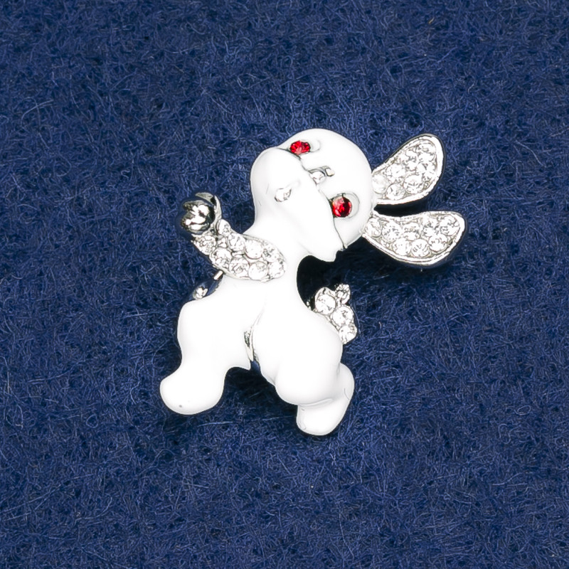 Brooch Bunny white-coloured acrylic, with white and red rhinestones, silver metal 27x20mm