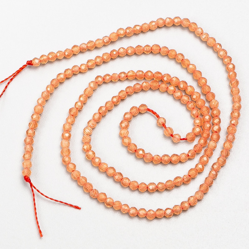 Small Synthetic Spinel Beads, Coral Faceted Round, Diameter 2mm+/-, on a Thread, Length 37cm