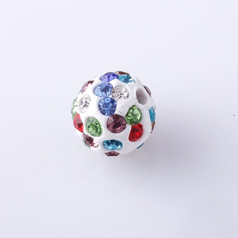 Shambala Bead, White with Coloured Rhinestones, 10mm Diameter, Pack of 9