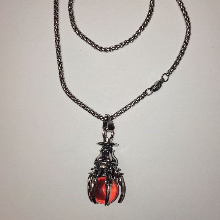 Pendant "Ball in Paw" Orange 40x18mm on Chain, Length 70cm +/- Silver-Toned Metal