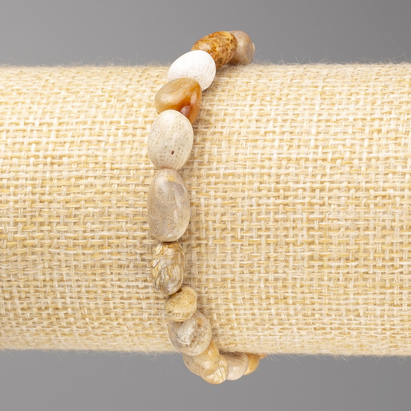 Fossilised Coral Tumbled Bead Bracelet, diameter 7x10mm+/-, on elastic band, length 18cm+
