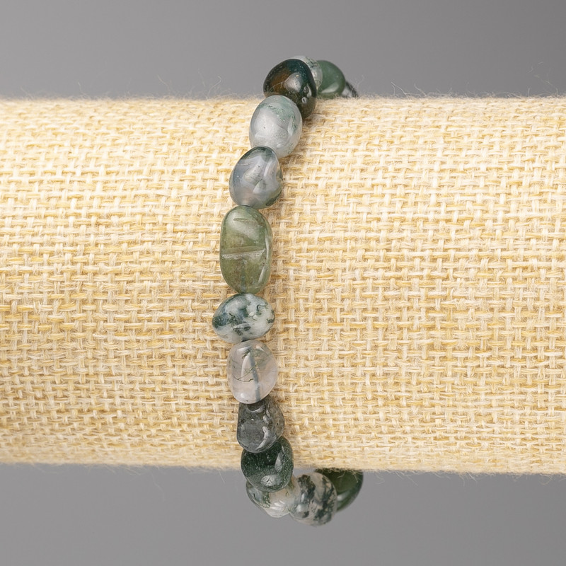 Moss Agate Stone Bracelet, Tumbled, Diameter 8x10mm +/-, on Elastic, Length 18cm+