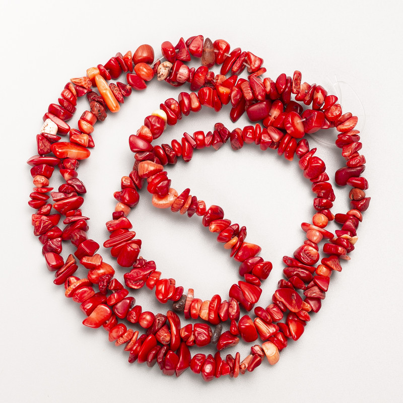 Coral Natural Stone Beads, Chips on Fishing Line, diameter 7x3mm+/-, length 80cm +