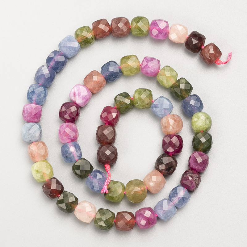 Tourmaline Natural Stone Faceted Cube Beads on Thread, diameter 7mm+/-, length 38cm+