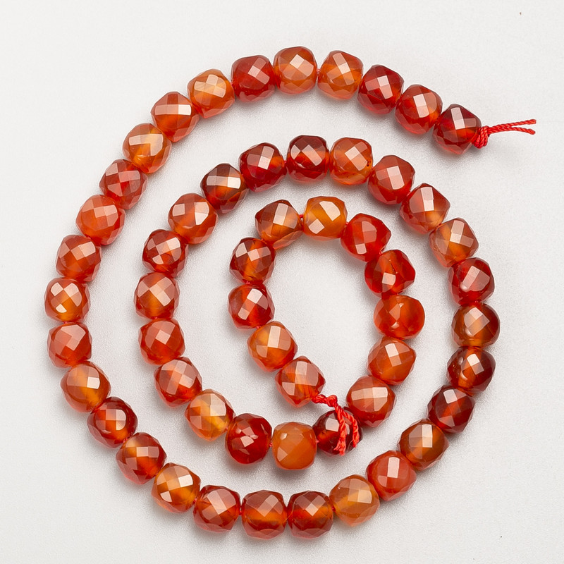 Carnelian Natural Stone Faceted Cube Beads on Thread, diameter 7mm+/-, length 39cm+