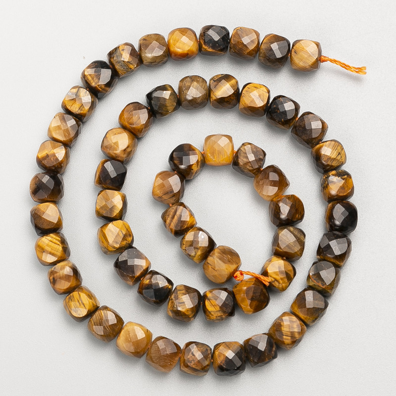 Tiger's Eye Natural Stone Faceted Cube Beads on Thread, diameter 7mm+/-, length 39cm+
