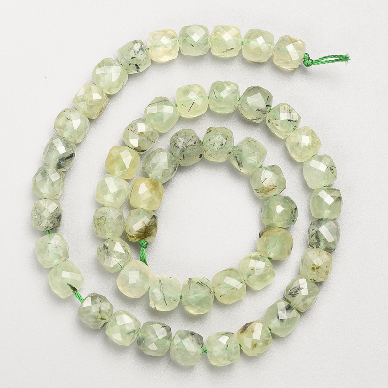 Prehnite Natural Stone Faceted Cube Beads on Thread, diameter 8mm+/-, length 39cm+