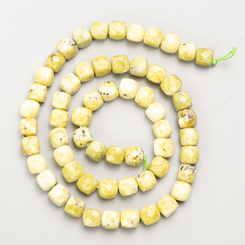 Yellow Jadeite Natural Stone Faceted Cube Beads on Thread, diameter 6.5mm+/-, length 39cm+