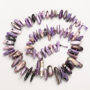 Charoite Natural Stone "Needle" Chip Beads on Thread, diameter 25x3-12x2mm+/-, length 41cm+/- with seed beads, diameter 3mm