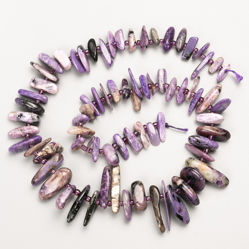 Charoite Natural Stone "Needle" Chip Beads on Thread, diameter 25x3-12x2mm+/-, length 41cm+/- with seed beads, diameter 3mm