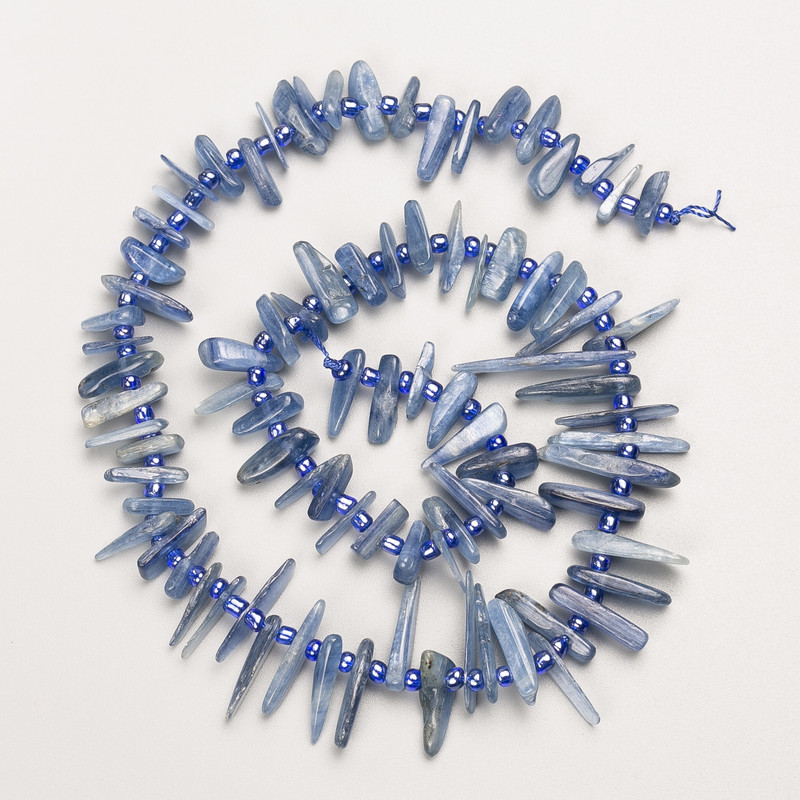 Kyanite Natural Stone "Needle" Chip Beads on Thread, diameter 28x2-10x2mm+/-, length 40cm+/- with seed beads, diameter 3mm