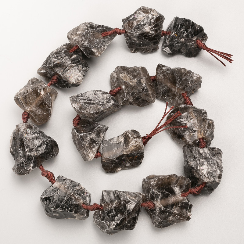 Smoky Quartz Beads, raw natural stone, tumbled, on thread, d 25x27mm+/-, length 42cm+